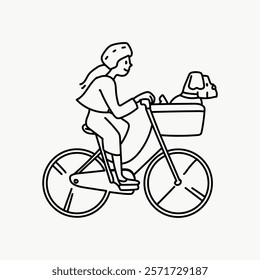 Line art of a cyclist with a helmet, riding a bike with a dog in the front basket. Simple, minimalist design of a person biking with a pet. Simple black line art doodle vector.