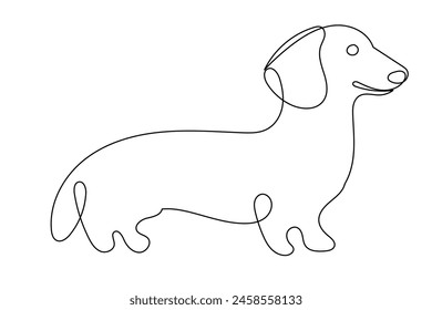 Line Art Dachshund Dog Pet Animal Symbol Silhouette Portrait. One Continuous Editable Curve Doodle Sketch Line Art Drawn. Dog Portrait Isolated On White Background	
