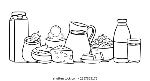 Line art dairy product set. Jug, bottle, pack and glass of milk, sour cream on plate, ice cream, cheese, cottage cheese, butter on plate, yogurt with strawberry. Healthy food vector illustration 
