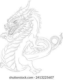 Line art of dancing dragon without wings Vector illustration of an Asian dancing wood dragon pointing with its right paw finger. Chinese dragon with horns, teeth, mustache, paws, tail and horny scales