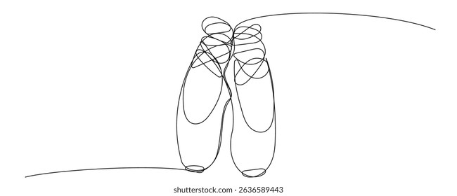 Line Art Dancing Silk Abstract Pointe Shoe. One Continuous Outline Drawing. Editable vector Thin Outline Stroke Curve Contour. Classic Dance Elegant Vintage Accessories Symbol. Professional Ballet Art