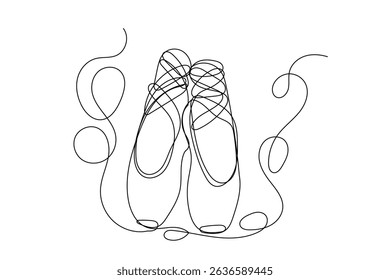 Line Art Dancing Silk Abstract Pointe Shoe. One Continuous Outline Drawing. Editable vector Thin Outline Stroke Curve Contour. Classic Dance Elegant Vintage Accessories Symbol. Professional Ballet Art