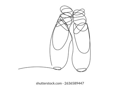 Line Art Dancing Silk Abstract Pointe Shoe. One Continuous Outline Drawing. Editable vector Thin Outline Stroke Curve Contour. Classic Dance Elegant Vintage Accessories Symbol. Professional Ballet Art