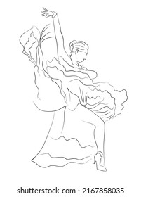 Line art of dancing woman. Latina dance or Flamenco dancer. Monochrome ink style outline vector illustration isolated on white.