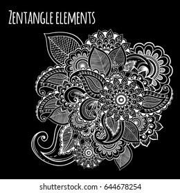 Line art decorative flowers zentangle style inspired. Vintage chalk over the blackboard. Vector design for t-shirt print or tattoo.
