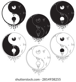 Line art defining the contours of the Yin Yang with details of drops and fluids. A minimalist black and white design highlighting the silhouette and supreme geometry.