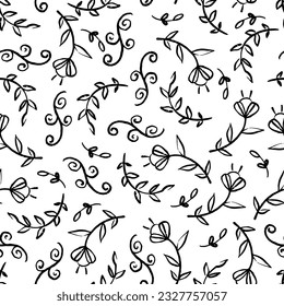 Line Art Delicate Botanicals in Black and White Vector Seamless Pattern