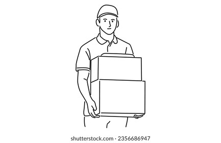 line art of delivery man with carton box packages