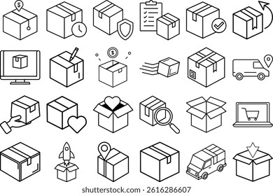 Line Art Delivery and Packaging Icons – Minimal Vector Set for Shipping and Logistics