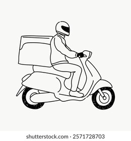 Line art of a delivery person on a scooter, wearing a helmet. The scooter carries a large box, symbolizing fast and efficient delivery service. Simple black line art doodle vector.