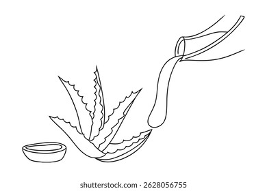 Line art depicting aloe vera plant with extract and small bowl for skincare uses