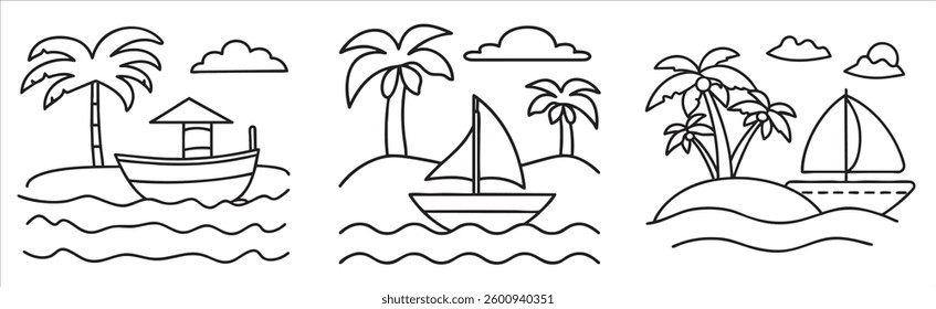 Line art depicting boats and palm trees by the water in a tropical setting.