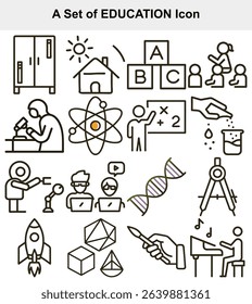 Line art depicting education and learning icons, including science, math, and the arts. Ideal for educational websites and materials. Includes laboratory, atom, music, and kids.