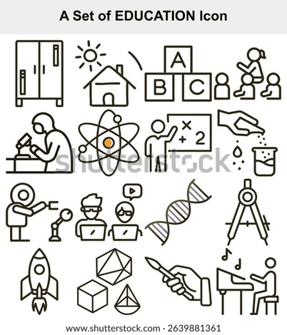 Line art depicting education and learning icons, including science, math, and the arts. Ideal for educational websites and materials. Includes laboratory, atom, music, and kids.