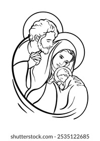 Line art depicting the holy family, with mary holding baby jesus and joseph embracing them