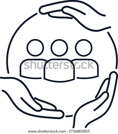 Line art depicting protective hands encircling three figures, symbolizing care and community support.