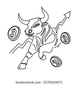 line art depicting a symbolic bullish bitcoin market represented by a charging bull, bitcoins, and an upward arrow graph. Perfect illustration for cryptocurrency growth and financial market concepts