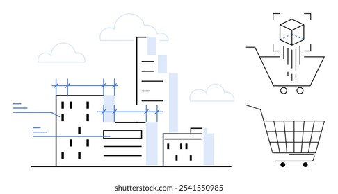 Arte em linha retratando a construção de edifícios urbanos à esquerda com plantas sobrepostas e dois carrinhos de compras e um cubo à direita. Ideal para arquitetura, planejamento urbano e comércio eletrônico