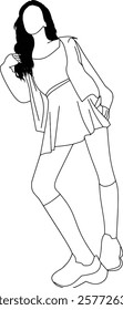 Line art depicting a woman in a trendy outfit emphasizing minimalist and contemporary style. A creative rendition of fashion and artistic expression in a simplistic drawing style.