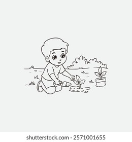 Line art depicting a young child caring for the environment by planting a sapling in a garden. Suitable for illustrations emphasizing environmental awareness, childhood education, or outdoor activitie