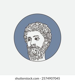 Line art depiction of a bearded man in a circular frame with a blue background showcasing classical themes and historical relevance. Great for educational, art, and cultural purposes.