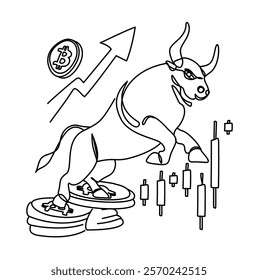 Line art depiction of a bullish crypto market with a rising arrow, Bitcoin coins, and price candles.