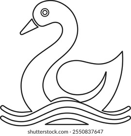 Line art depiction of a swan floating gracefully on stylized water, emphasizing simplicity and elegance in design. This vector represents tranquility and nature, ideal for artistic, decorative uses.