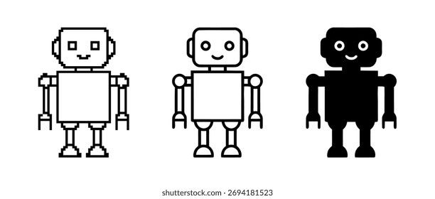 Representación artística lineal de tres robots con diferentes estilos de diseño