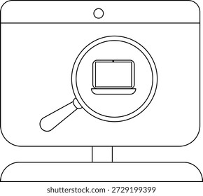 A arte retrata uma tela de computador com uma lente de aumento focalizada em um ícone de laptop