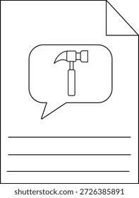 Strichzeichnungen zeigen ein Dokument mit einem Schlagsymbol für Sprachblasenhammer mit gefalteter Ecke und Linien, die auf eine Konstruktionsnotiz hindeuten