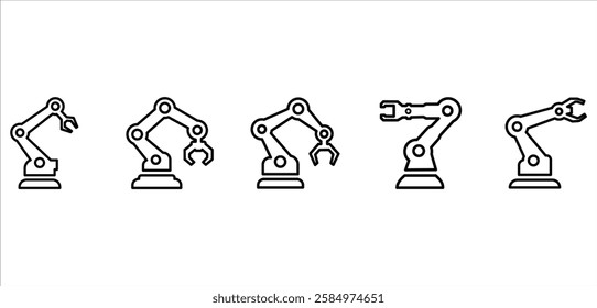 Line art depicts five variations of robotic arms, showcasing different grippers and configurations for automation tasks in manufacturing and industry.
