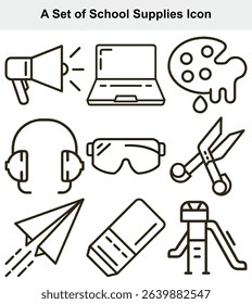 Line art depicts school supplies megaphone, laptop, painter's palette, headphones, safety goggles, scissors, paper airplane with motion lines, eraser, and slide.