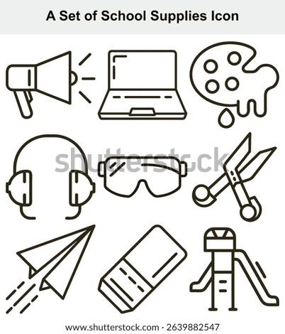 Line art depicts school supplies megaphone, laptop, painter's palette, headphones, safety goggles, scissors, paper airplane with motion lines, eraser, and slide.