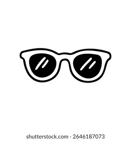 El arte lineal representa un simple par de gafas de sol con lentes negras. Este es un estilo de ilustración doodle, dibujado a mano. Ideal para diseños de verano