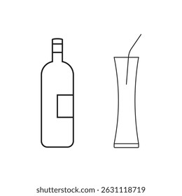 Line art depicts a wine bottle and a tall glass with a straw, rendered as simple black outlines on a transparent background, suitable for minimalist concepts.