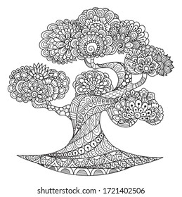 Line art desgin of beautiful tree for coloring book, coloring page, and printing on product. Vector illustration