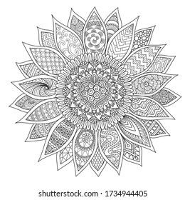 Line art design of beautiful sunflower for printing, engraving, coloring book page and so on. Vector illustration