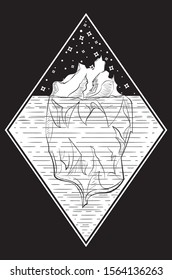 Line art design of a big iceberg in black and white illustration.