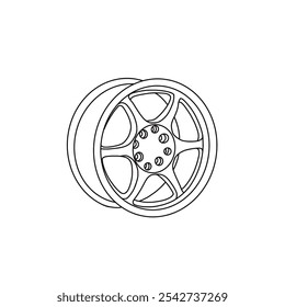 Projeto de arte de linha de uma jante de roda de carro. Ilustração vetorial desenhada à mão do ícone plano da borda do carro. Ilustração de rabisco vetorial de contorno. Isolado em um fundo branco.