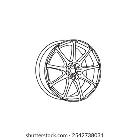 Line art design of a car wheel rim. Hand-drawn vector illustration of wheel rim flat icon. Outline vector doodle illustration. Isolated on a white background.