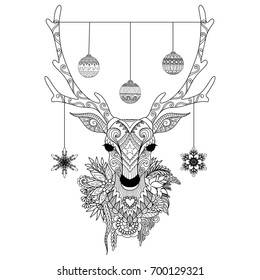 Line art design of Christmas balls and snowflakes hanging on deer horns for print and adult coloring book page. Vector illustration