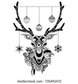 Line art design of Christmas deer head with decorative balls and snowflakes and flowers. Vector illustration