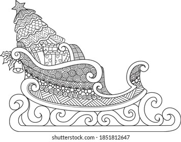 Line art design of Christmas Sleigh for coloring book, coloring page or print on stuffs. Vector illustration