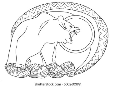 Line art design for coloring book for adult. Bear in the forest on the rocks