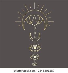 Line Art Design with Crescent on the dark Background. Vector Illustration.