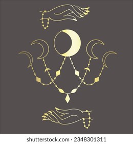 Line Art Design with Crescent on the dark Background. Vector Illustration.