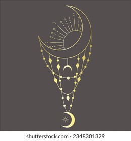 Line Art Design with Crescent on the dark Background. Vector Illustration.