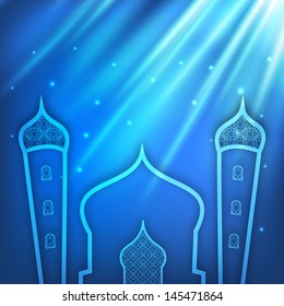 Line art design of a decorated mosque on shiny background for muslim community festival Eid Mubarak.