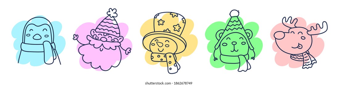 Line art design of deer, bear, penguin and snowman on color background. Vector set of illustration of cute head of animal and santa claus