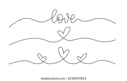Line Art Design Elements for Banner. Editable Stroke Lines with Hearts and Word Love.